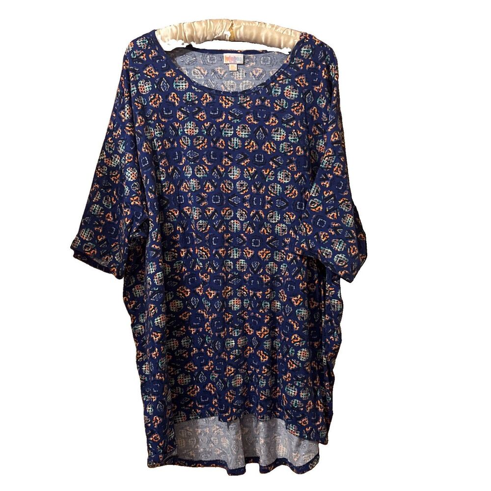 Women's Lularoe Short Sleeve Tunic Shirt Blue Multicolor Geometric Size 3XL